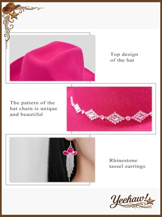 Wide Brim Cowboy Hat with Rhinestones, Bandana, and Tassel Earrings main image 6